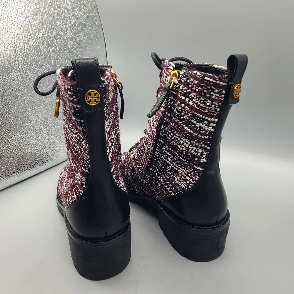 Tory Burch Boots Tweed Wool Lug Sole Combat Chunky Block Heel Zipper Sz 7.5 NEW